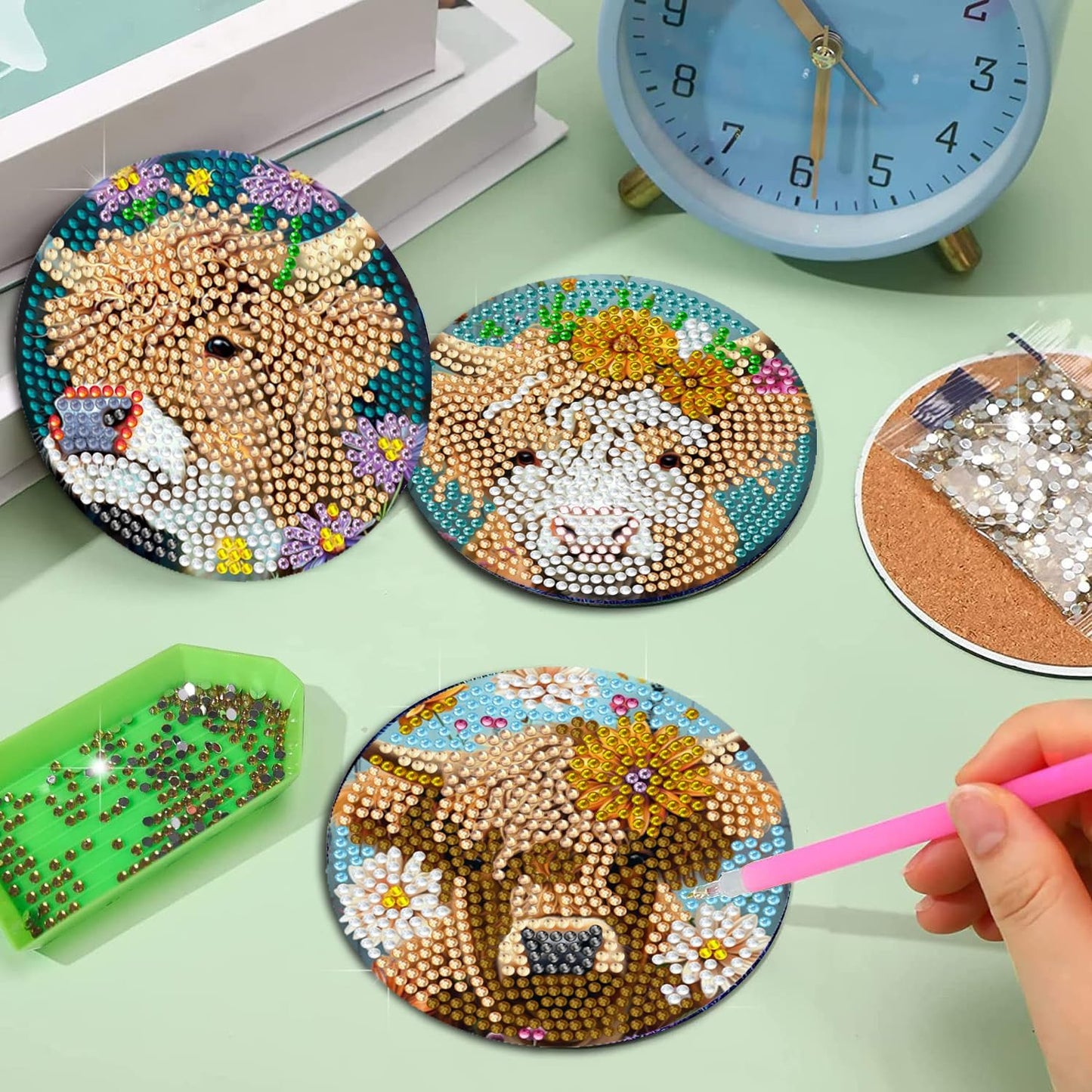 Leatrice 8PCS Highland Cattle Diamond Art Coasters Small Diamond Painting Kits for Adults Beginners Women Gem Art Coasters with Holder Funny DIY Crafts for Home Decor