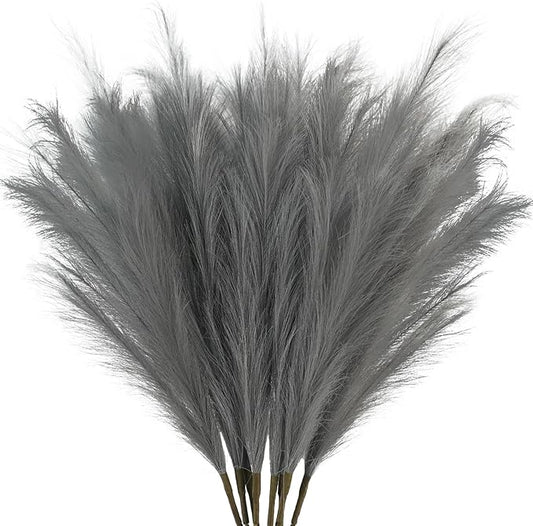 35" Faux Pampas Grass Decor Grey, 8pcs Large Tall Fluffy Artificial Pompous Grass Branches Floral Fake Pompas Grass Bulrush Floor Vase Filler Flower Arrangement for Home Wedding Boho Decor