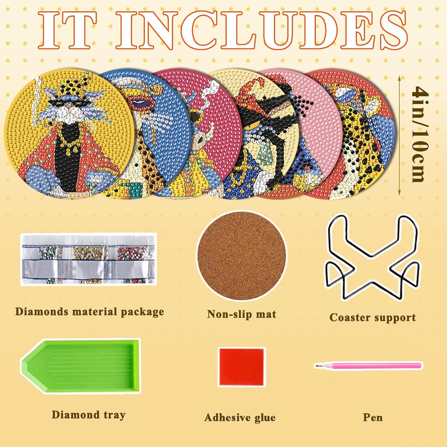 DOTSOPS Cat Diamond Painting Coaster with Holder 5D Diamond Art Kits for Adults 6Pack Round Full Drill Beginners Gem Dots Craft Arts Supplies Party Home Decor 6Pack Animal Style