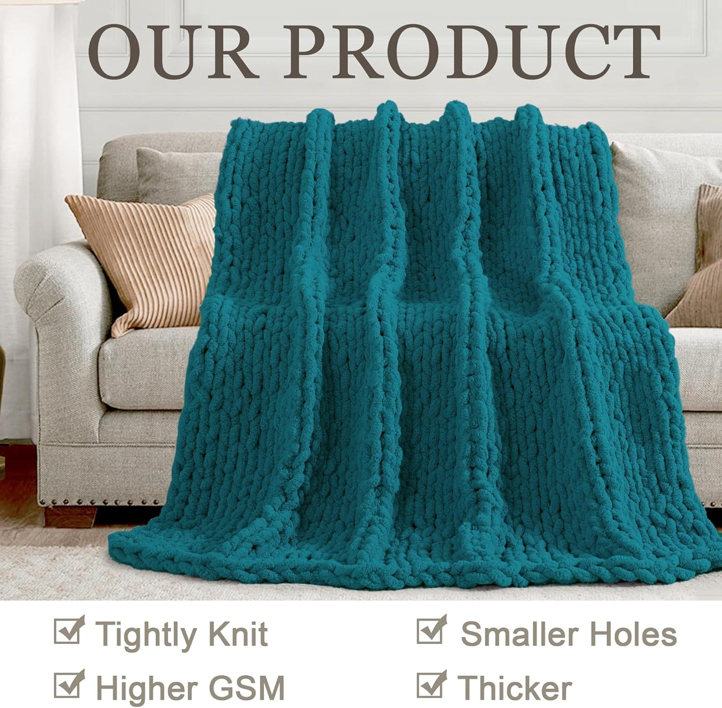 Chunky Knit Throw Blanket 60"X 80", 100% Handmade with Soft Chenille Yarn, 6.7lbs Thick Cable Knitted Blankets, Large Rope Knot Crochet Throws for Couch Sofa Bed Home Decor, Teal