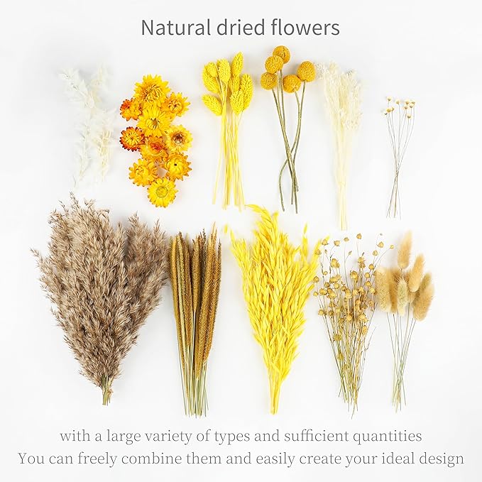 120 Pcs Fall DIY Natural Dried Flowers Set Crafts Mini Dried Florals with Stems Bouquets for Vase Floral Arrangement Handcraft Door Hanging Wreath Table Centrepieces Thanksgiving Decor(Yellow)
