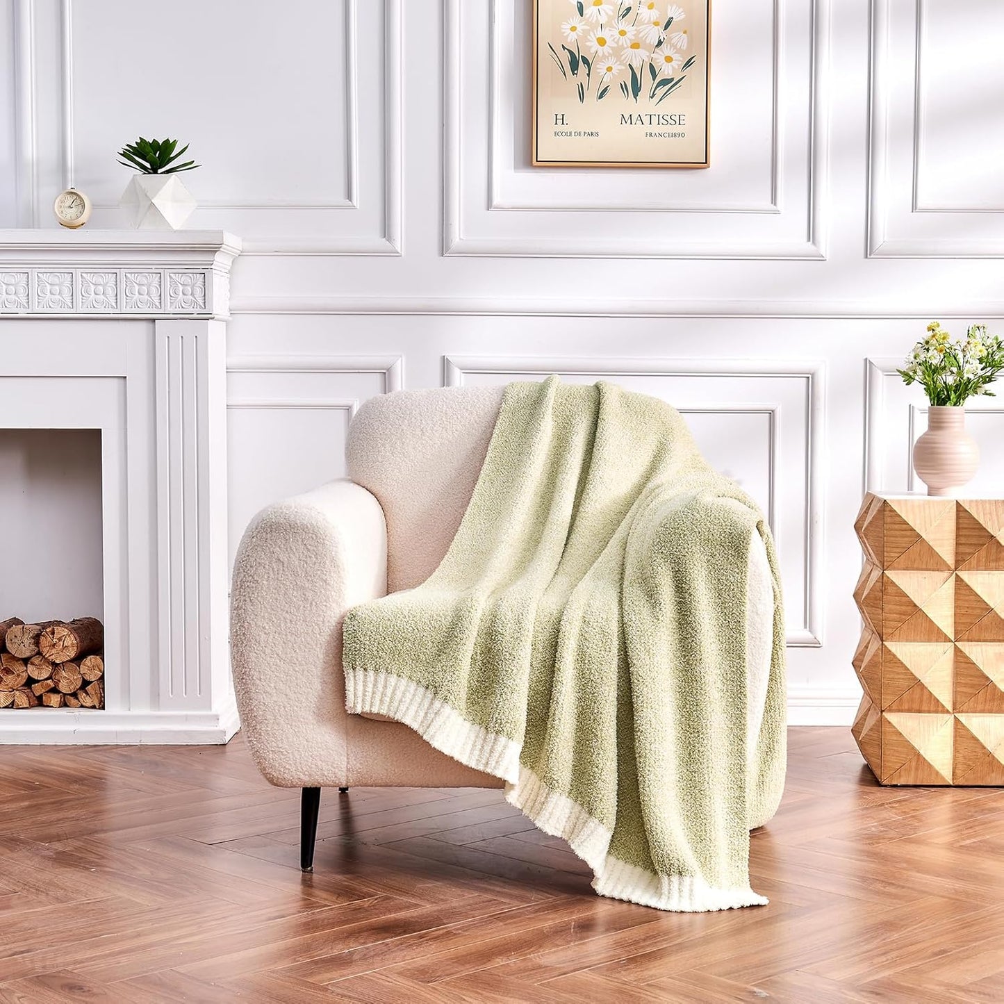 CozeCube Super Soft Fullfy Microfiber Reversible Knitted Blankets, Warm Cozy Fuzzy Plush Throw, Sage Green and White Melange Throw Blanket for Couch Bed Sofa, 60" x 80"