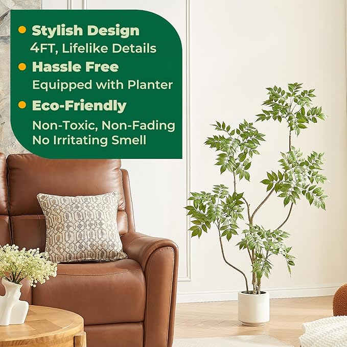 4FT Artificial Sumac Tree in White Pot, Real Touch Silk Faux Plant Indoor Outdoor - Lifelike Fake Tree for Home, Office, Living Room, Lobby, Patio Decor