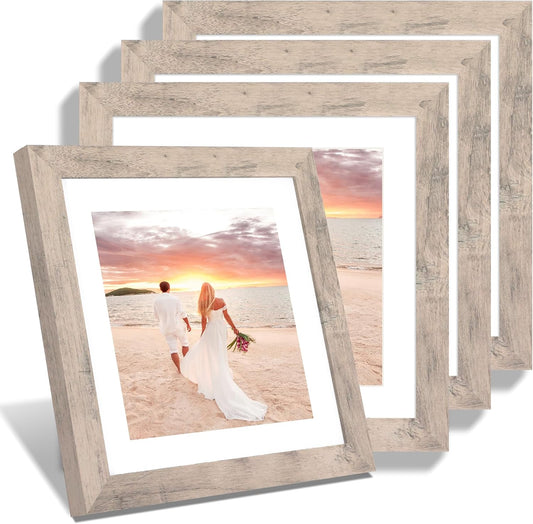 iRahmen 10x10 Picture Frame Set of 4 with High Definition Glass, Smoke Gray Frames Display 8x8 Picture with Mat or 10 x 10 Without Mat, Wood Square Photo Frame for Wall Mount and Tabletop Display
