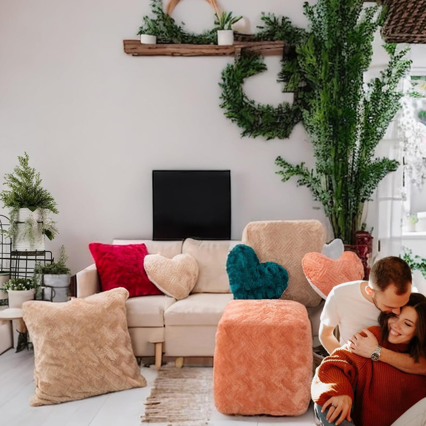 DaDa Bedding Heart Shaped Pillow Coral Peach Pink Faux Fur & Sherpa Soft Decorative Throw Pillow - 14x16 inches Coral Peach for Valentine's Day or Any Special Occasion