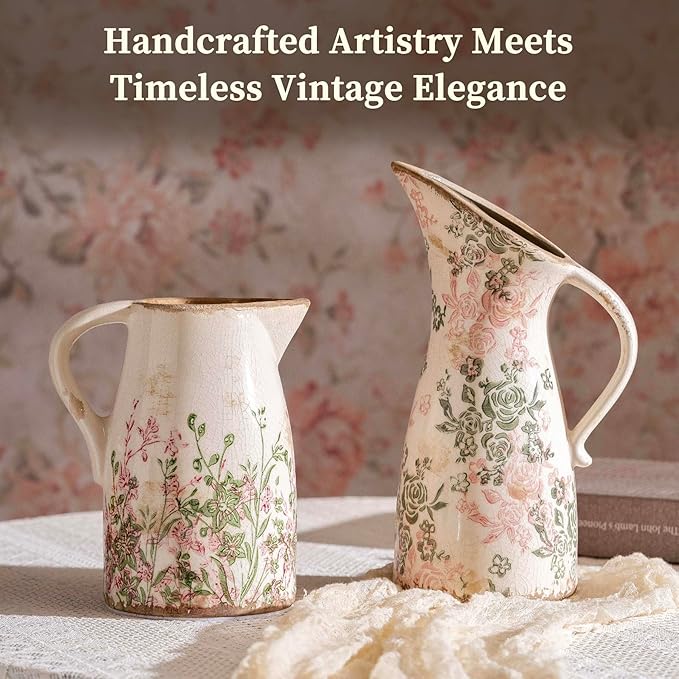 Vintage Ceramic Pitcher Vase with Handle, Farmhouse Green and Pink Large Floral Vases, Chinoiserie Decorative Vase, Rustic Table Centerpiece for Home Decor Living Room, Bookshelf, Office 10.5 Inch