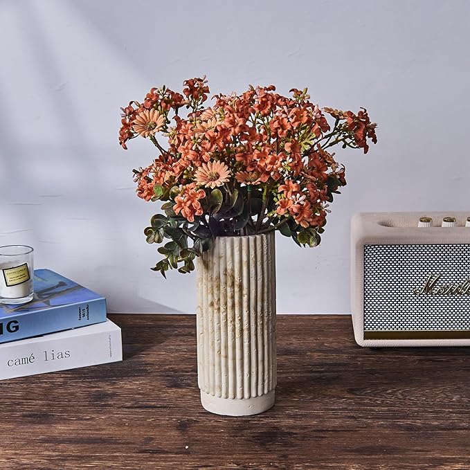 Cylinder Vase 8 Inch - Natural Travertine Textured Ribbed Resin Vase for Pampas Grass, Flowers, Home Decor | Decorative Centerpiece for Entryway, Countertop, Nightstand | Housewarming Gift (Beige)