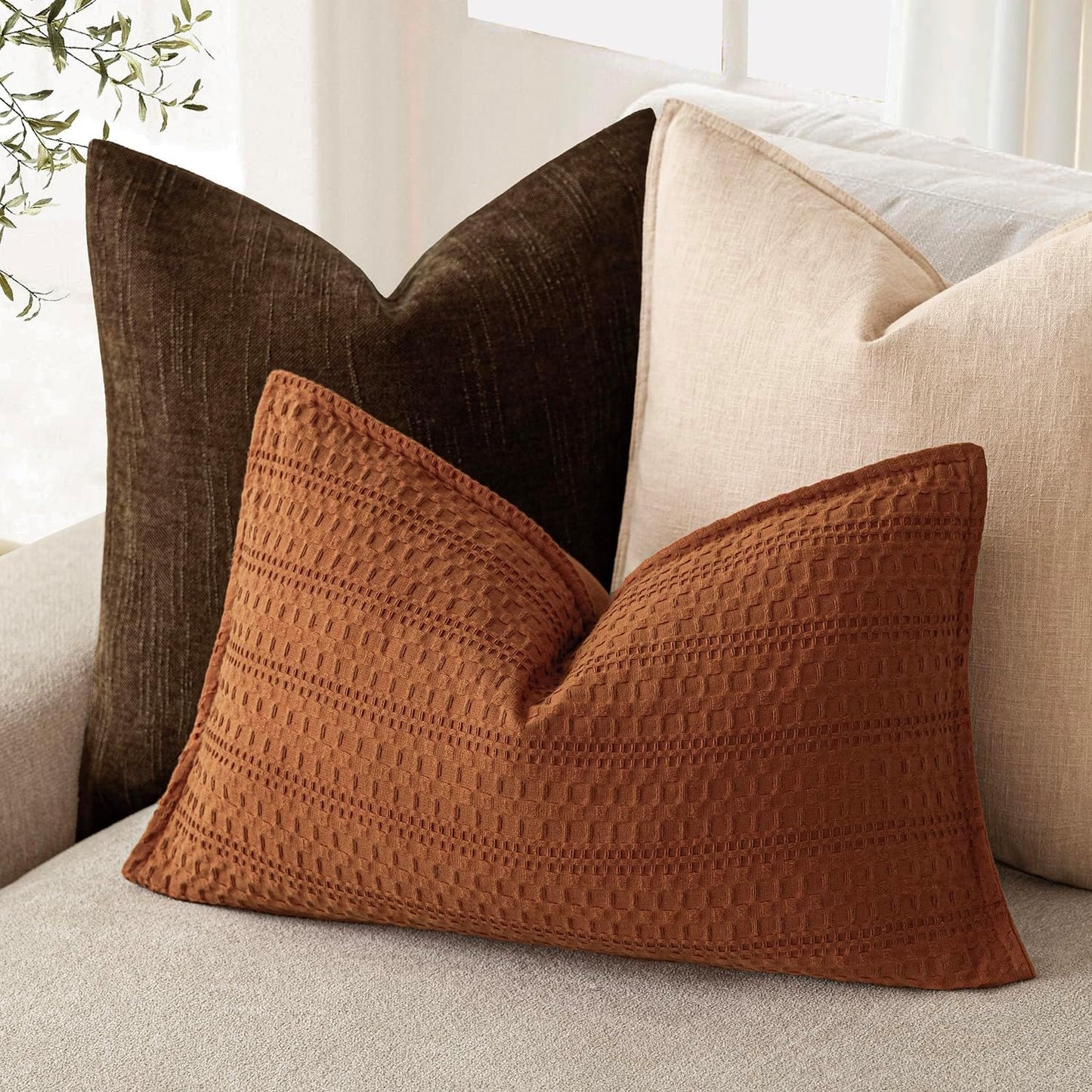 Foindtower Set of 2 Decorative Cotton Waffle Weave Lumbar Throw Pillow Covers Euro Shams Cushion Covers Accent European Pillowcase for Bed Couch Bedroom Living Room Home Decor 12×20 Inch Burnt Orange
