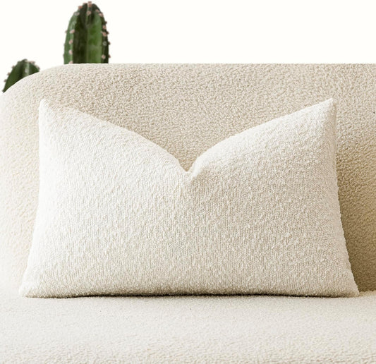 Foindtower Textured Boucle Throw Pillow Covers Accent Solid Lumbar Pillow Cases Cozy Soft Decorative Couch Cushion Case for Chair Sofa Bedroom Living Room Home Decor, 12 x 20 Inch,White
