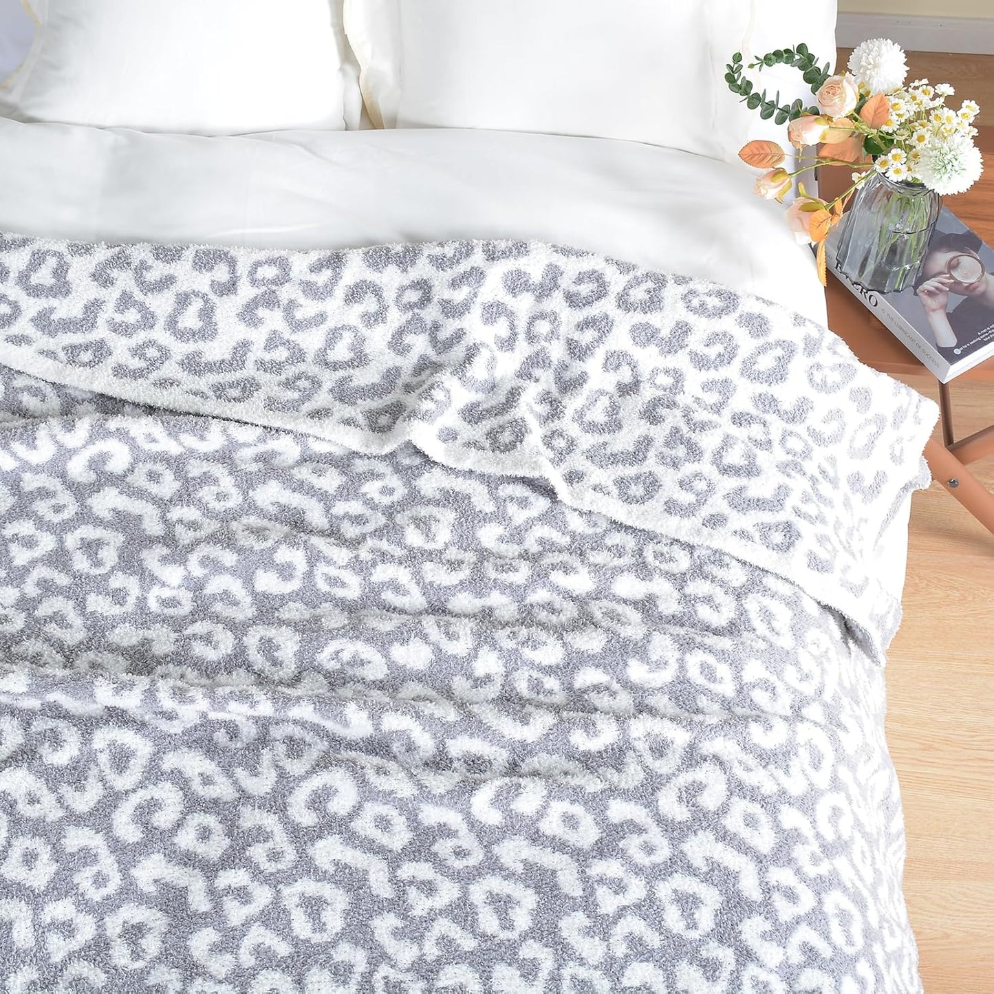 Leopard Knit Throw Soft Cozy Lightweight Blanket for Bed Sofa Couch Breathable Warm Cheetah Blanket Leopard Grey 60x80 Inches
