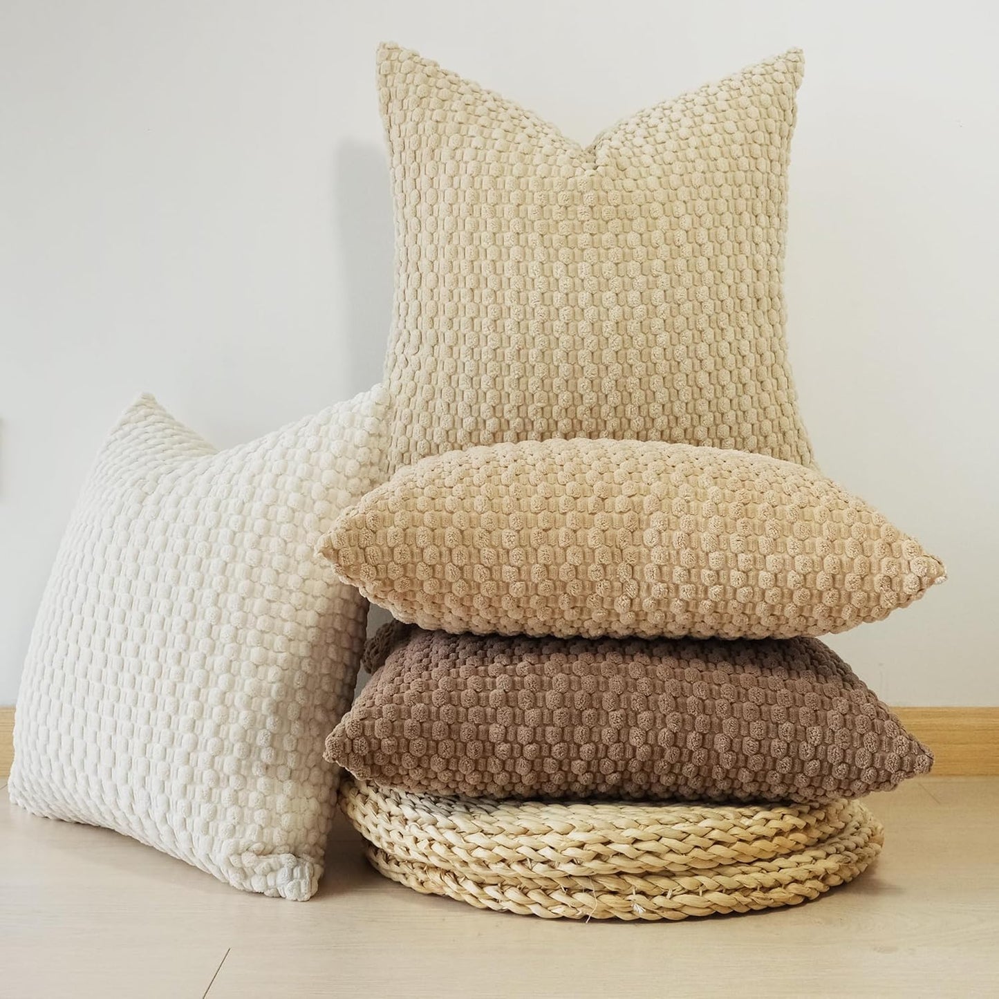 JOJUSIS Pack of 4 Neutral Decorative Throw Pillow Covers Farmhouse Boho Home Decor Striped Corduroy Square Pillowcases 24 x 24 Inch Beige Chocolate