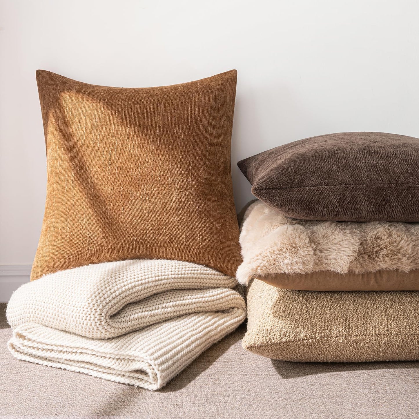 MIULEE 26x26 Inch Pack of 2 Euro Sham Decorative Throw Pillow Covers Soft Chenille Pillows Textured Cushion Covers for Bed Couch Sofa Bedroom Living Room, Brown