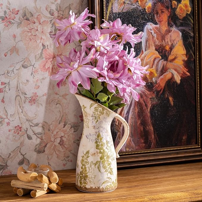 Vintage Ceramic Pitcher Vase with Handle, Farmhouse Green and Purple Large Floral Vases, French Country Decorative Vase, Rustic Table Centerpiece for Home Decor, Bookshelf, Office 10.5 Inch