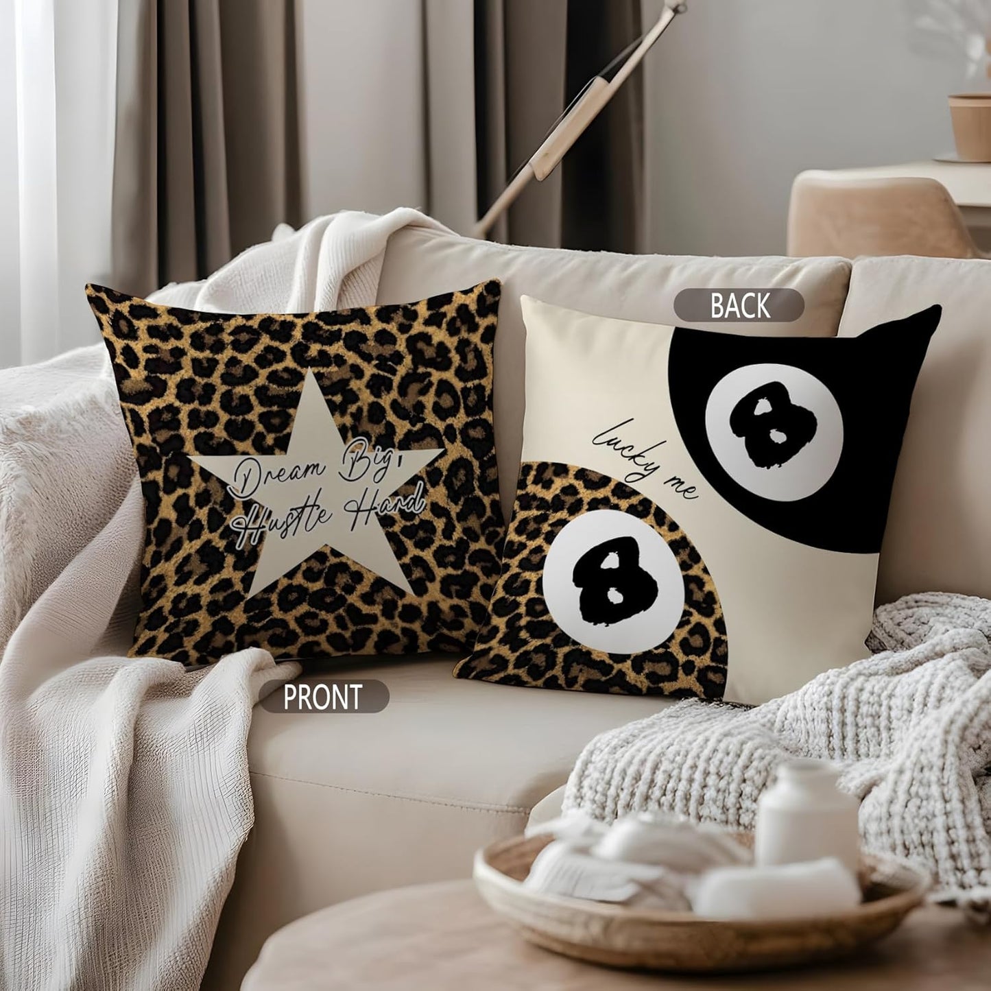 Leopard Star Lucky 8 Ball Inspirational Throw Pillow Covers 18x18, Cheetah Print Room Decor, Trendy Funky Y2K Leopard Print Decorative Pillow Covers for Girls Room Dorm Apartment Home