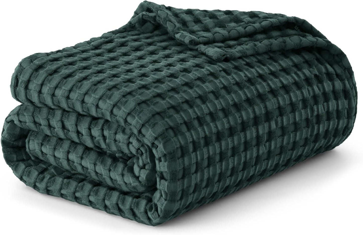 Bedsure Cooling Cotton Waffle Queen Size Blanket - Lightweight Breathable Blanket of Rayon Derived from Bamboo for Hot Sleepers, Luxury Throws for Bed, Couch and Sofa, Dark Green, 90x90 Inches