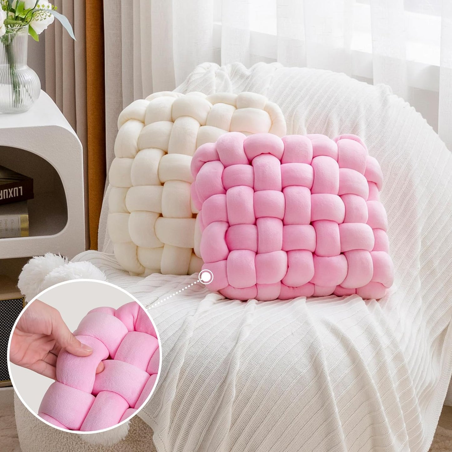 JELLYMONI Pink Square Knot Throw Pillow, Small Size Home Decorative Pillow, Decorative Ins Throw Pillow, Soft Velvet Knotted Decor for Room and Couch (S- 11.8"×11.8"×3.5", Pink)