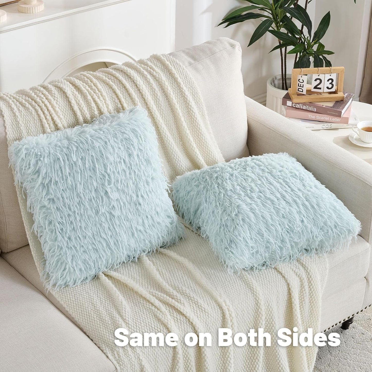 FUTEI Light Blue Decorative Throw Pillow Covers 26x26 Inch Set of 2,Soft Fluffy Faux Feather Texture Euro Pillow Shams,Modern Home Luxury Decor for Couch Bed Living Room