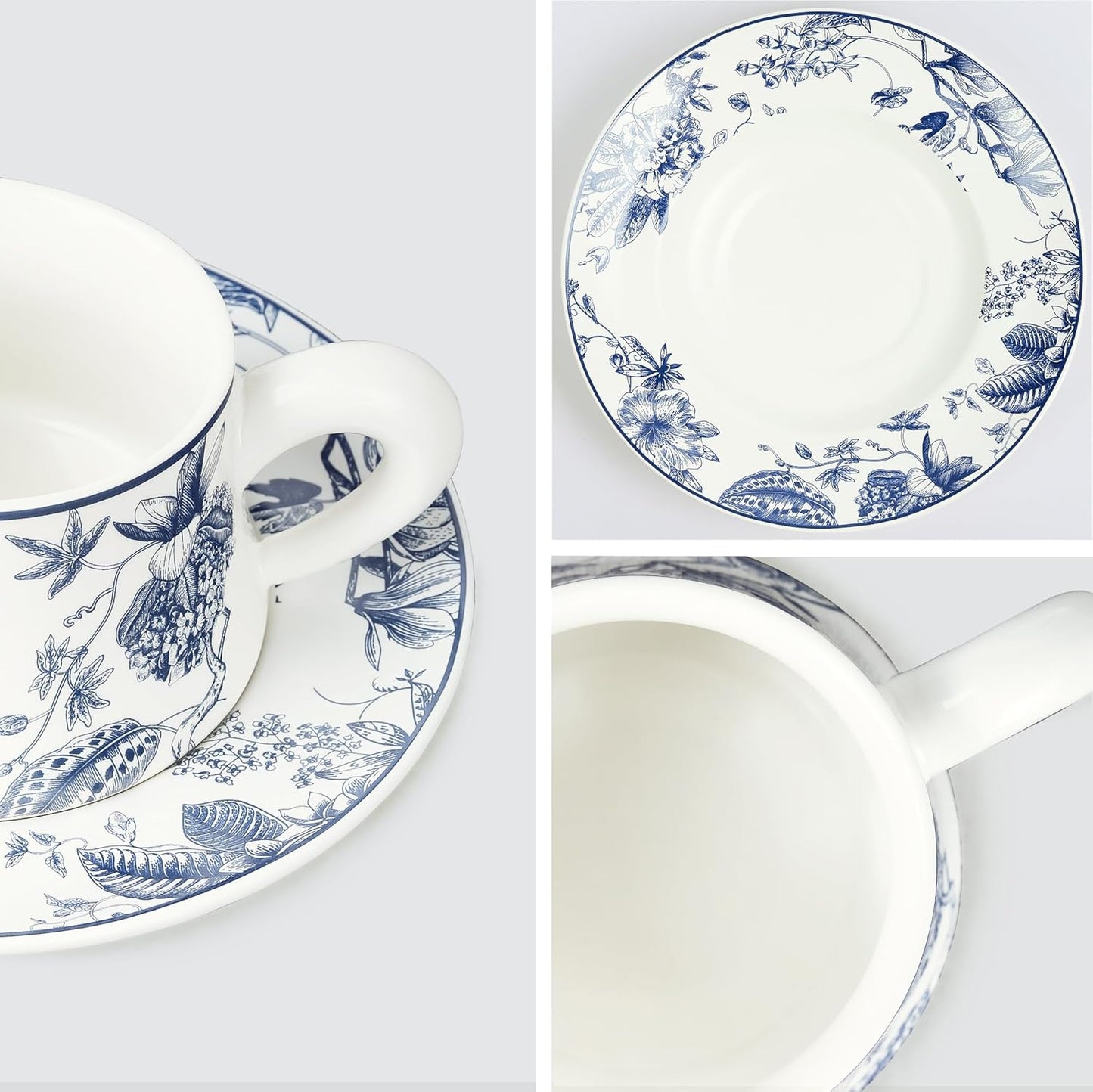 fanquare 8.5oz Blue Floral Coffee Mug, Large Tea Cup with Saucer Porcelain Tea Cups with Thick Handle for Home Office Party, Ceramic Drinking Cups