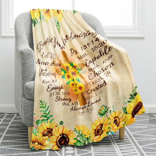 Jekeno Christian Sunflower Floral Blanket Gifts for Women Mom Girls Female Friends Mother's Day Birthday Christmas Inspirational Religious Faith Presents Flower Plush Throw Blankets 60"x80"