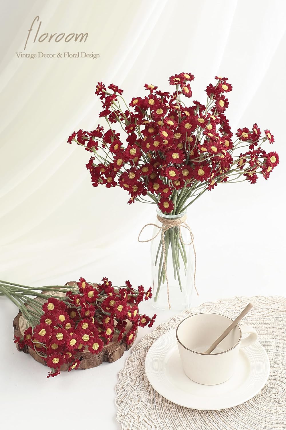 Floroom 24pcs Burgundy Small Artificial Flowers Faux Silk Daisies Fake Wildflowers with Stems for DIY Red Wedding Bouquets Floral Arrangements Party Decor Centerpieces Decorations (Vase Not Included)