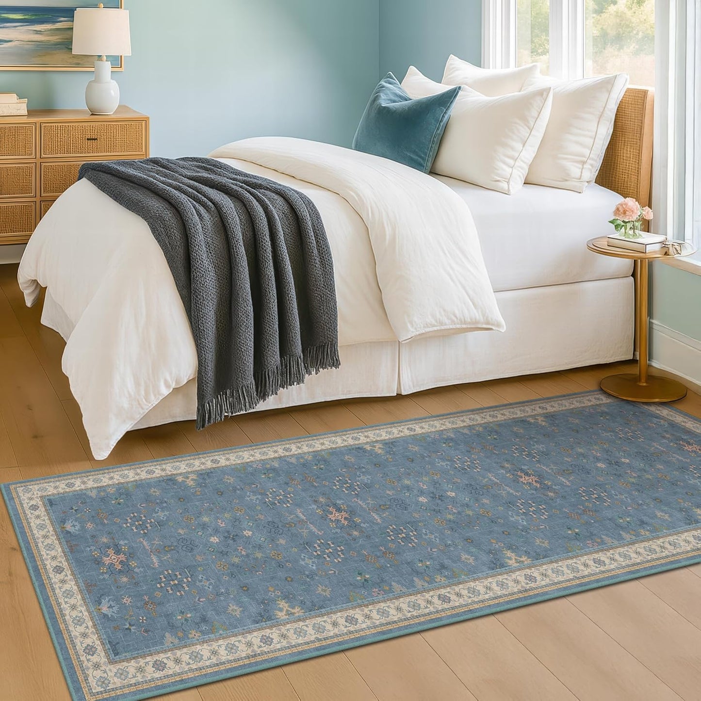 Light Blue 2x7 Washable Kitchen Runner - Boho Non Slip Runner Rug for Hallway, Bedroom Beside Bed,Entryway, Low Pile Floral Eclectic Unique Runner Décor