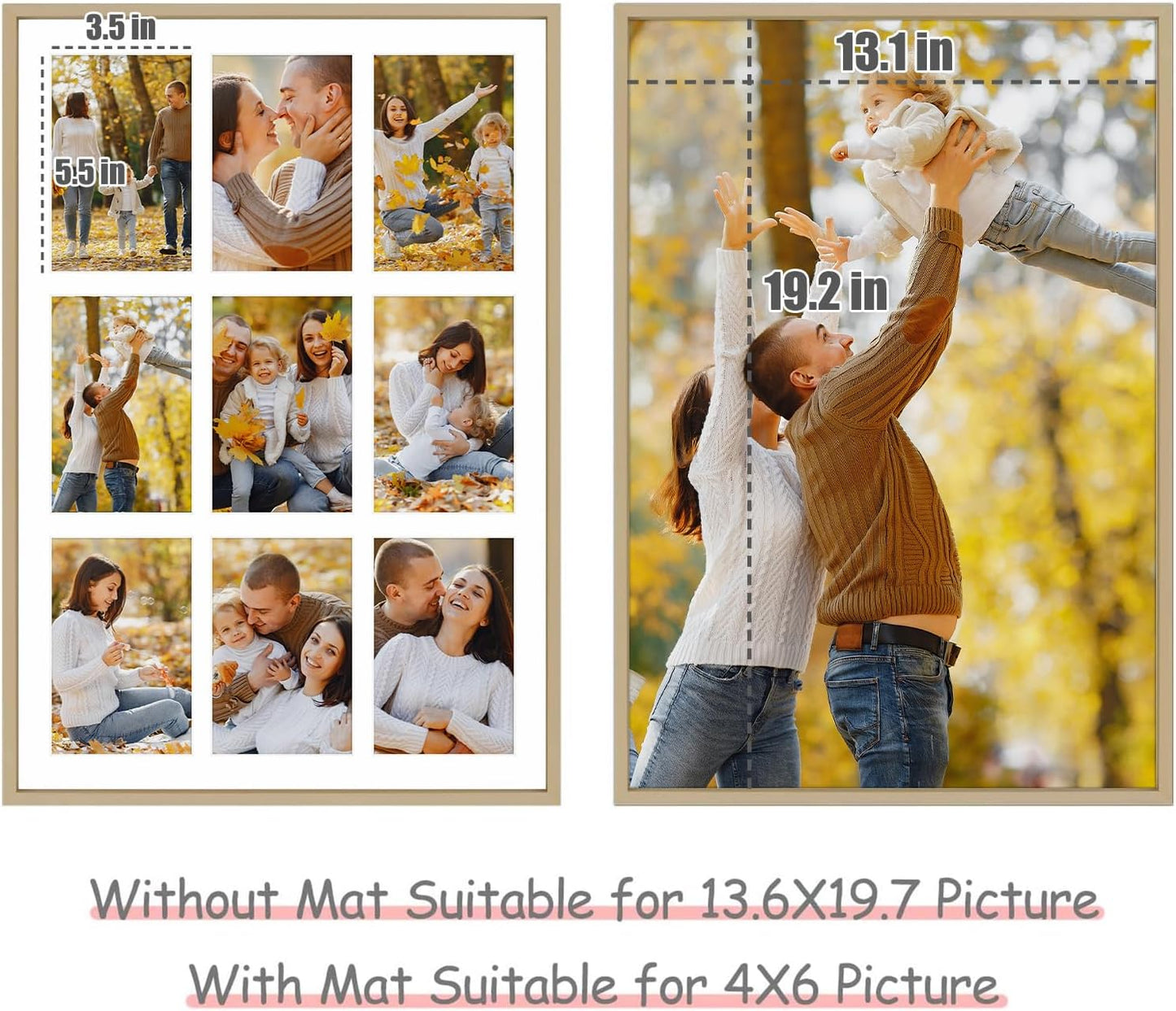 Frametory - 13.6x19.7 Aluminum Collage Picture Frame - Display 4x6 Pictures with 9 Openings Mat - Real Glass Front - Horizontal/Vertical Wall Mount - Gold 1 Pack