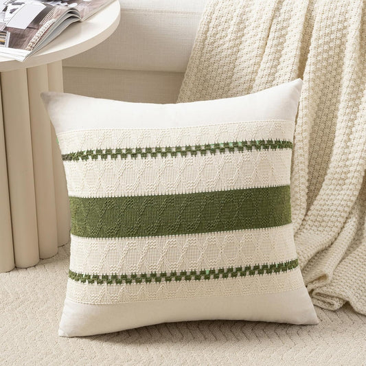 Fancy Homi Set of 1 Boho Moss Green Euro Decorative Throw Pillow Cover 26x26 Inch for Couch Bed Bedroom, Aesthetic Modern Organic Farmhouse Room Decor, Soft Cotton Accent Macrame Woven Cushion Case