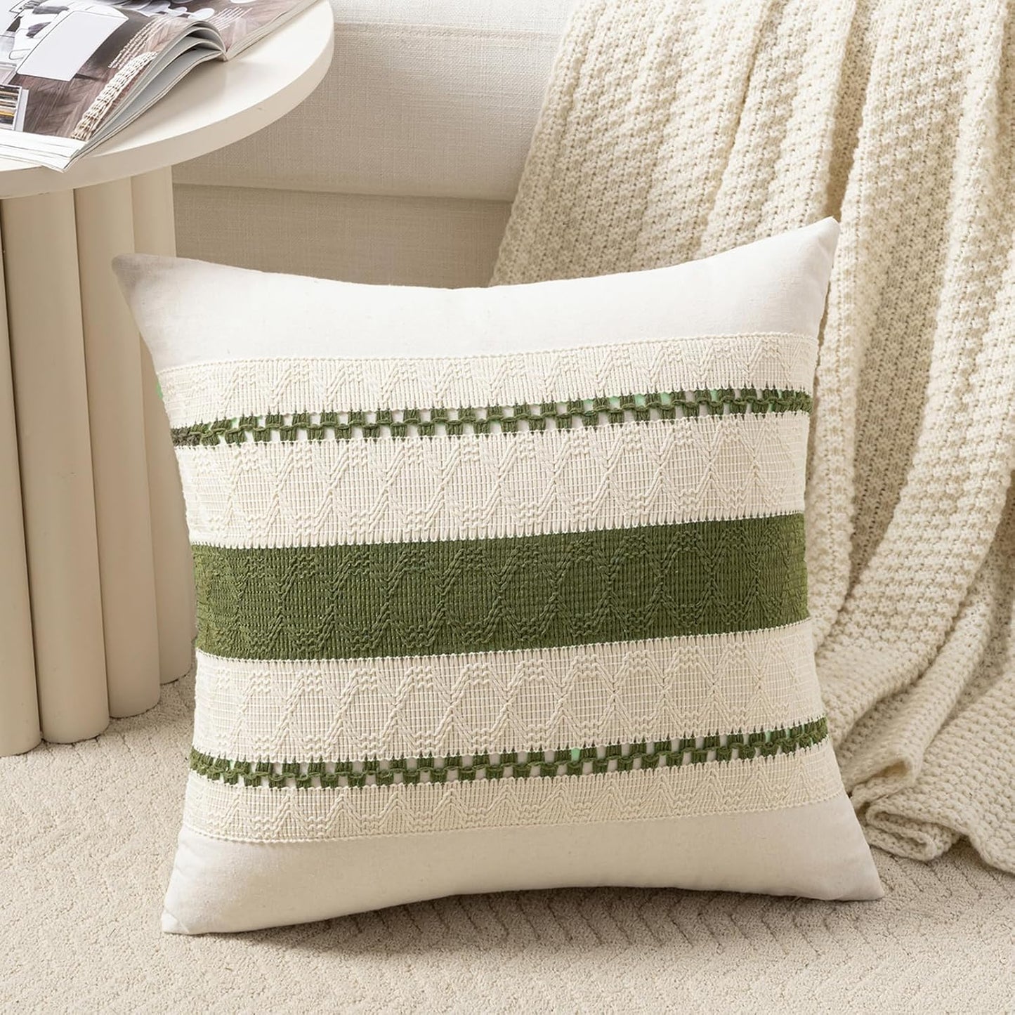 Fancy Homi Set of 1 Boho Moss Green Decorative Throw Pillow Cover 20x20 Inch for Couch Bed Sofa, Aesthetic Modern Organic Farmhouse Home Decor, Soft Cotton Cute Accent Macrame Woven Cushion Case