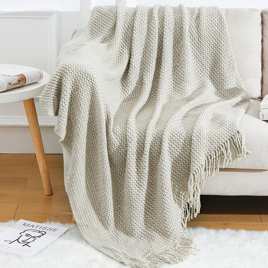 Blagic Grey and White Knit Throw Blanket with Tassel| Home Decor Blanket| Holiday Throw| Wrap Shawl Scarf, Lightweight Soft Cozy Warm Fluffy, Wheat Textured, 50" W x 60" L