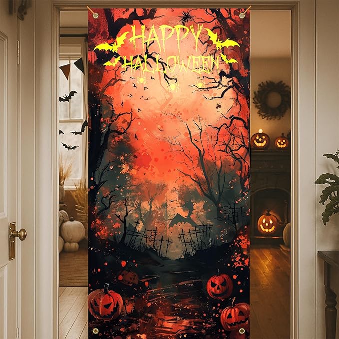 Happy Halloween Door Cover, Scary Burnt Forest Pumpkin Decoration Doorway Door Curtains Banners Backdrop Background Decor for Halloween Party, Indoor Outdoor Decorations, 35 * 79 Inch