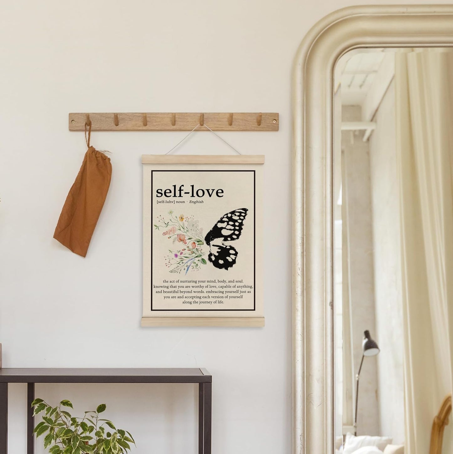 HRQKO Inspirational Self Love Definition Poster Hanger Frame, Mental Health Decor, Self Love Gifts Wall Art with Wooden Frames, Butterfly Floral Wall Hanging Banner for Women Girls Office, 12x16 Inch