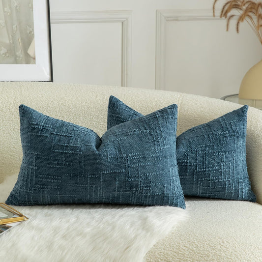 MANDIOO Pack of 2 Soft Chenille Textured Throw Pillow Covers Lumbar Accent Solid Decorative Cushion Cover Cozy Farmhouse Pillow Case for Couch Sofa Bed Living Room 16x24 Inch Navy Blue