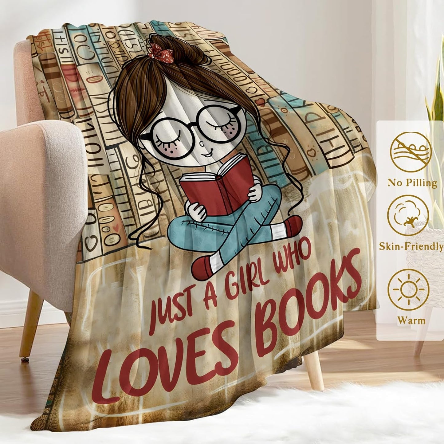 Just a Girl Who Loves Books Flannel Blanket - Lightweight Soft Cozy Unique Gifts Blankets for Reader Lovers,Kids,Adult,Women, Cute Reading Nook Style Throw,Home Room Modern Decor 60x80in