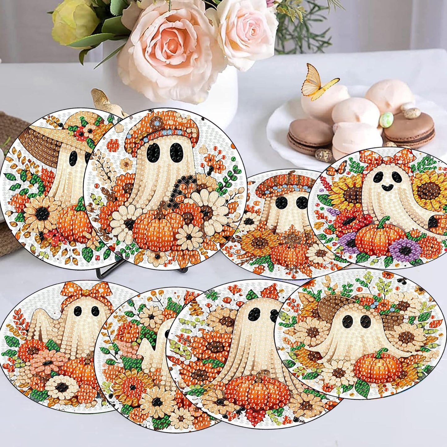 Meothan 8 Pcs Halloween Diamond Art Coasters Kits for Adults with Holder Cork Pads, Fall Diamond Dots Art Painting Coasters Crafts Kit for Home Office Decor (Ghost Theme)