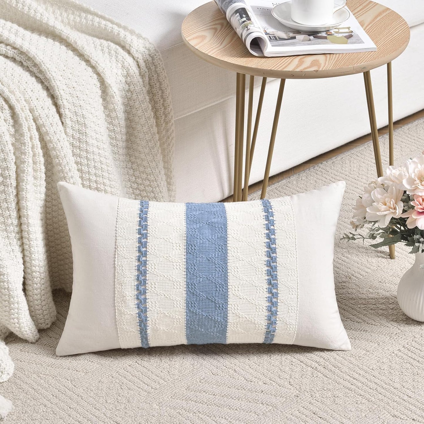 Fancy Homi Set of 1 Boho Light Blue Lumbar Decorative Throw Pillow Cover 12x20 Inch for Couch Bed Sofa Chair, Modern Organic Farmhouse Home Decor, Soft Cotton Cute Accent Rectangle Cushion Case