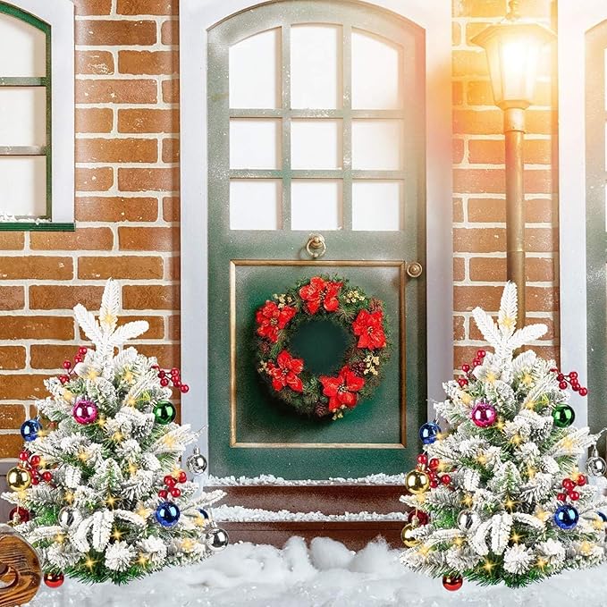 24'' Mini Artificial Christmas Tree with LED Lights and Faux Berrys, Pre-Lit Snow Flocked Xmas White Trees, Christmas Porch Decorations Small Fake Trees for Outdoor, Home, Porch & Yard - Set of 2