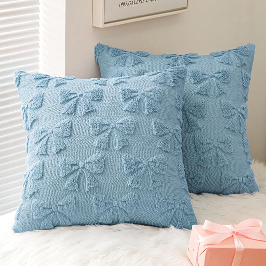MIULEE Blue Bow Pillow Covers Coquette Room Decor Aesthetic Set of 2 Decorative Cute Girl Throw Pillow Soft Plush Faux Pillowcase for Girl Bed Couch Sofa,20x20 Inch