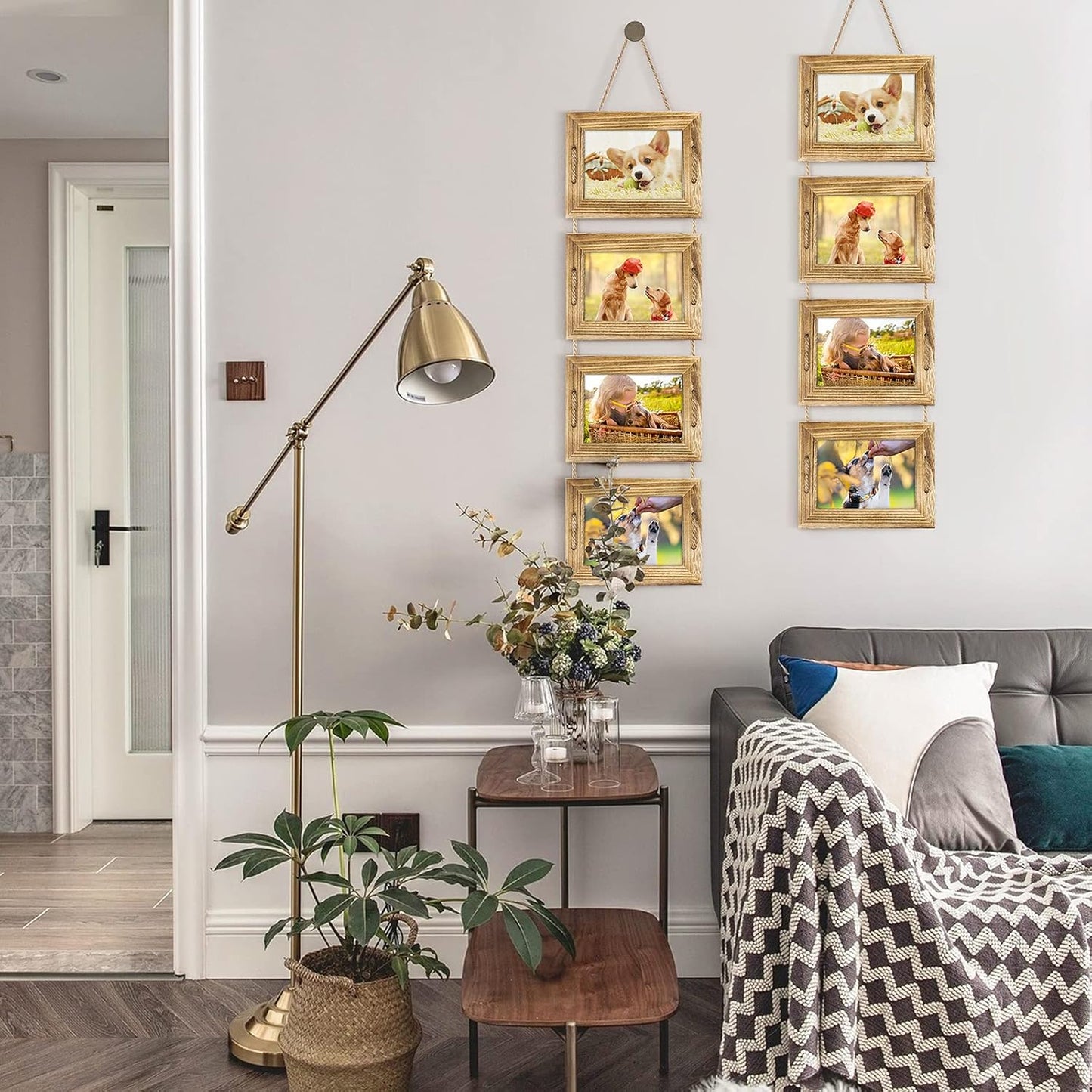 DLQuarts 5x7 Hanging Collage Picture Frames Wall Decor, 4-Opening 5x7 Matted to 3.5x5 Photo Rustic Wood Frame with Hemp Rope, 2 Pack, Carbonized Brown