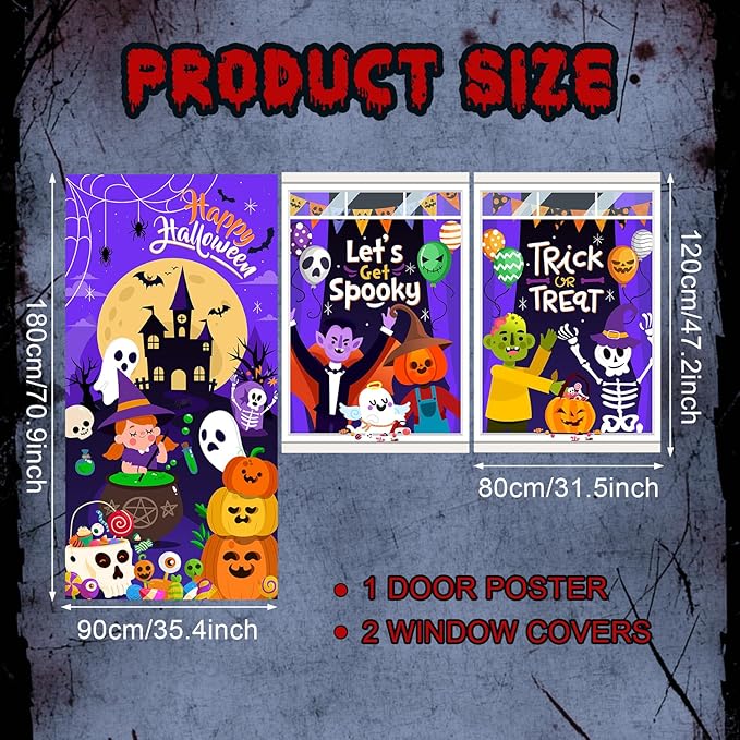 Tioncy 3 Pcs Halloween Window Door Covers Decorations Set Halloween Window Curtains Let's Get Spooky Trick or Treat Skull Pumpkin Ghost Castle Pattern Banner Porch Indoor Outdoor Decoration