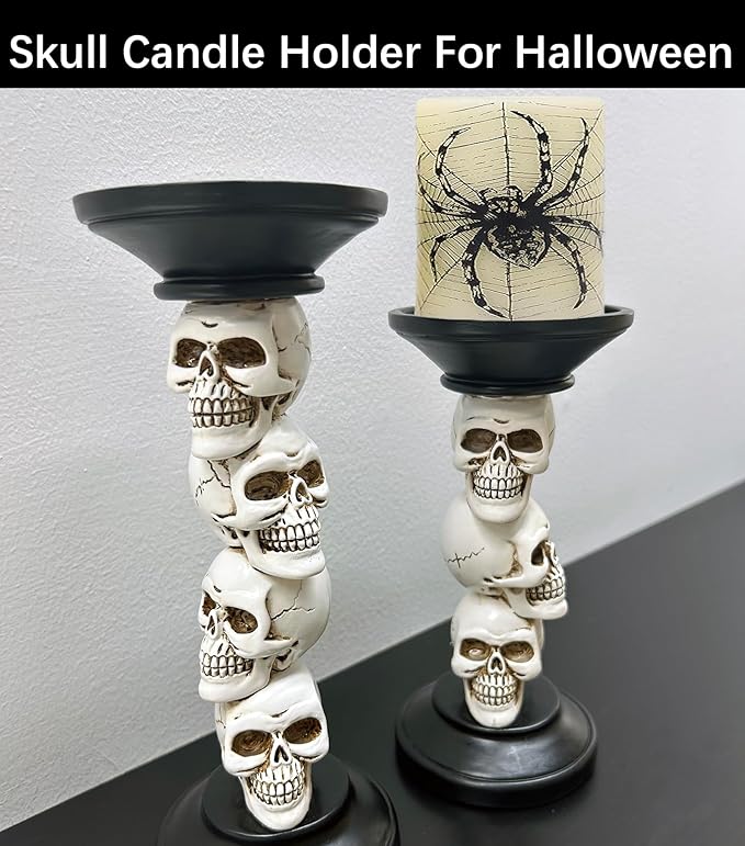 Vintage Resin Skull Skeleton Candle Holders - Set of 2 for Halloween Decor