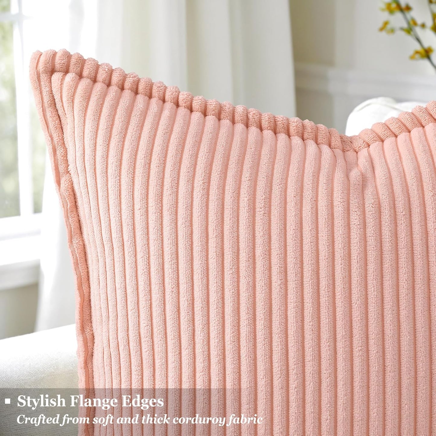 decorUhome Corduroy Pink Throw Pillow Covers 22x22 Set of 2 Decorative Soft Boho Farmhouse Euro Couch Pillow Covers for Living Room Bed Sofa Broadside Striped Pillow Cases