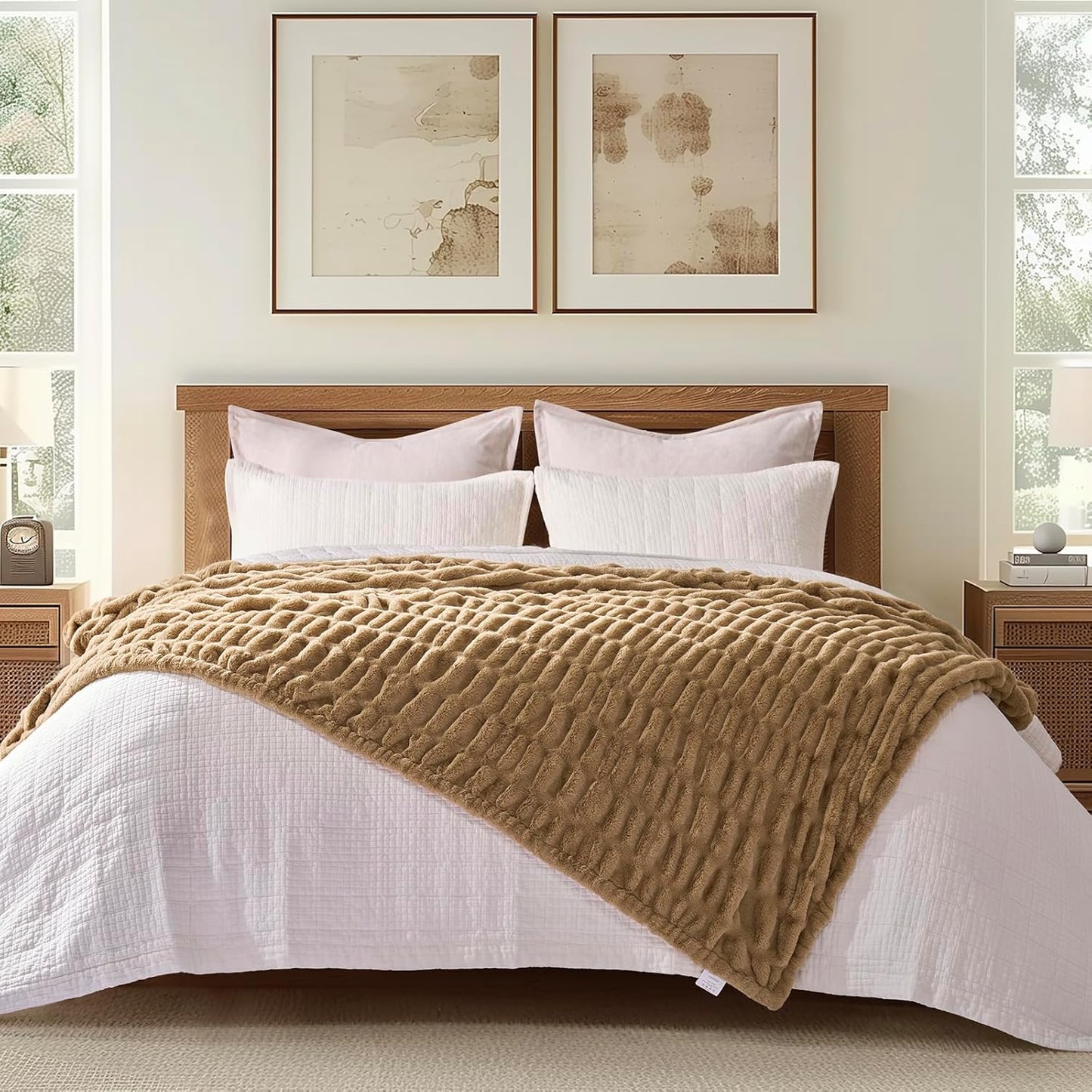 EVERGRACE Luxurious Soft Faux Rabbit Fur Throw Blanket, Cozy Fuzzy Plush Warm Throws for Couch Bed Sofa Chair Home Decor, Ruched Bubble Fluffy Blanket with Reversible Velvet, 60" x 80", Camel