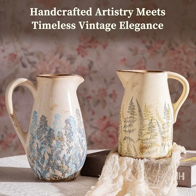 Vintage Ceramic Pitcher Vase with Handle, Farmhouse Green and Purple Large Floral Vases, French Country Decorative Vase, Rustic Table Centerpiece for Home Decor, Bookshelf, Office 7.3 Inch