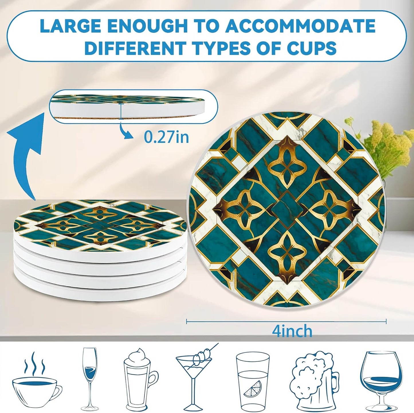 Green Marble Coasters Set of 4, Round Absorbent Ceramic Cup Mat with Cork Base, Cute Coasters for Table Home Decor, Ideal Gifts for Women Men