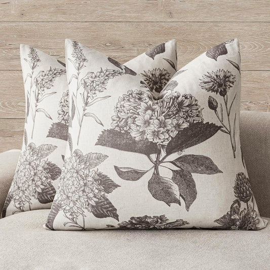 Foindtower Set of 2 Linen Floral Throw Pillow Covers Vintage Accent Print Decorative Cushion Covers Farmhouse Boho Home Decor for Sofa Chair Couch Bedroom Living Room,22×22 Inch,Light Gray
