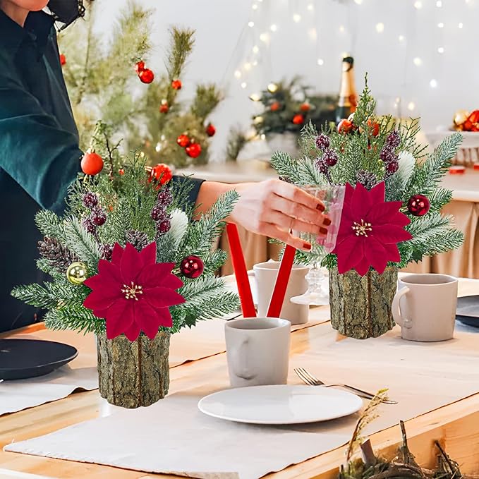 TORONTOKYO 2 Pack Small Christmas Tree, Artificial Tabletop Snowny Mini Christmas Tree Small Fake Plants with Red Poinsettia Berries Balls Pine Cones for Christmas Home Office Desk Party Decorations