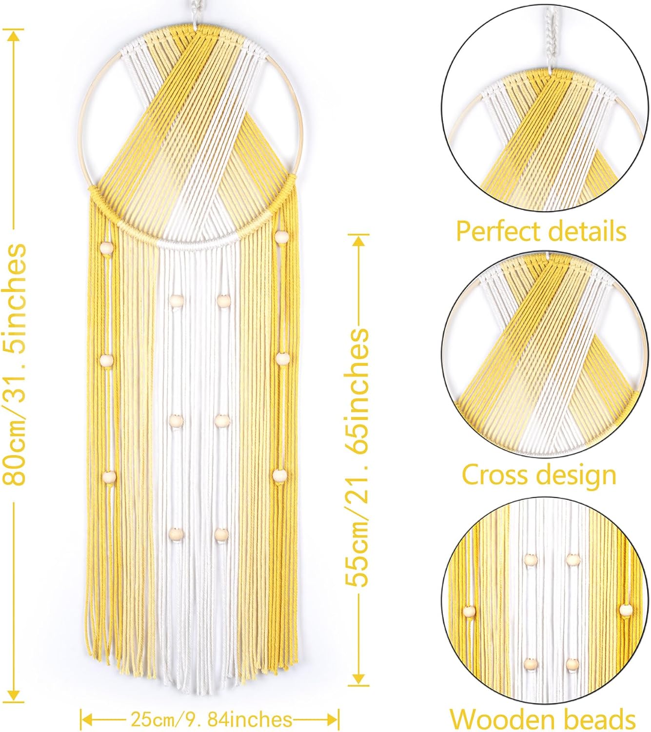 LB Boho Yellow Macrame Wall Hanging Handmade Woven Cotton Tapestry with Wood Board Modern Yellow and Beige Aesthetic Wall Decor for Home, Bedroom, Living Room