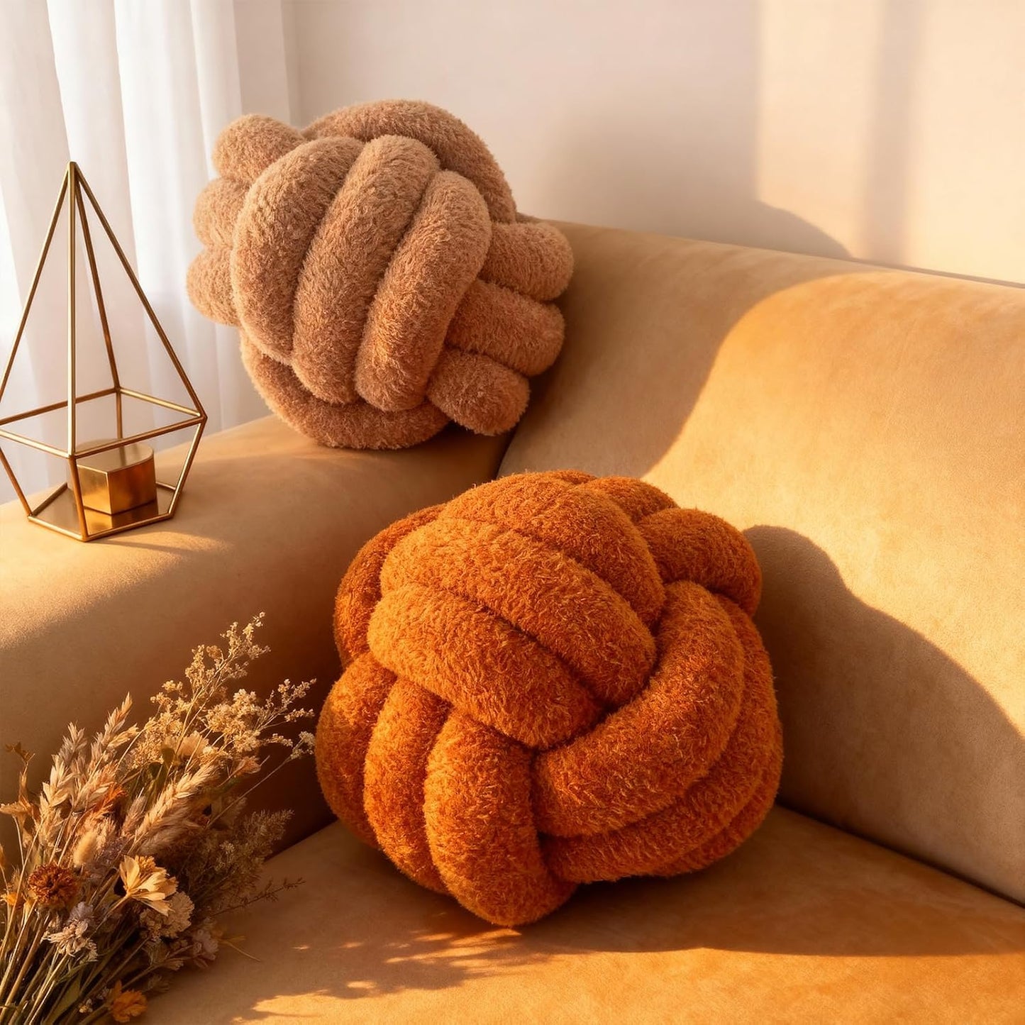 Knot Pillow Ball Plush - Decorative Throw Pillows for Bed Relieve Stress, Round Knot Cushion for Sofa Decor Pet Toy, Brown 8 inch