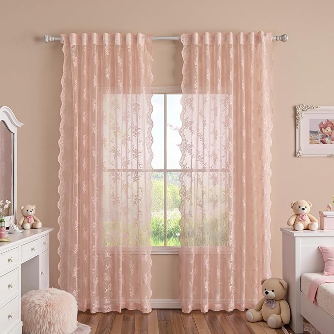 MEETSKY Pink Lace Sheer Curtains 84 Inches Long 2 Panels Set for Girls Room Bedroom Vintage Victorian French Elegant Window Voile Back Tab Rod Pocket Light Filtering Drapes, 50" Wide Each Panel