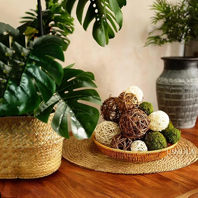 18Pcs Decorative Balls for Centerpiece Bowl - 6Pcs Fake Moss Balls + 12Pcs Rattan Wicker Balls, Artificial Moss Decorative Balls Vase Fillers for Home Garden Wedding Party Decor (Rustic)